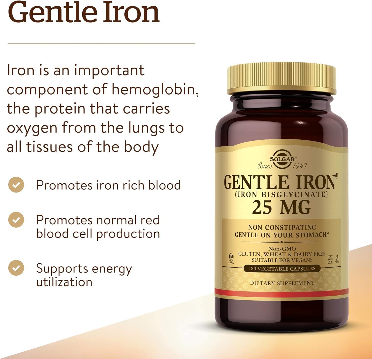 Solgar Gentle Iron 25mg Iron Bisglycinate 180 Count EXP 11/28