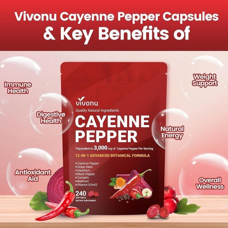 VivoNu Cayenne Pepper Softgels Supports Heart Vein Blood Vessel Health Vitamin E