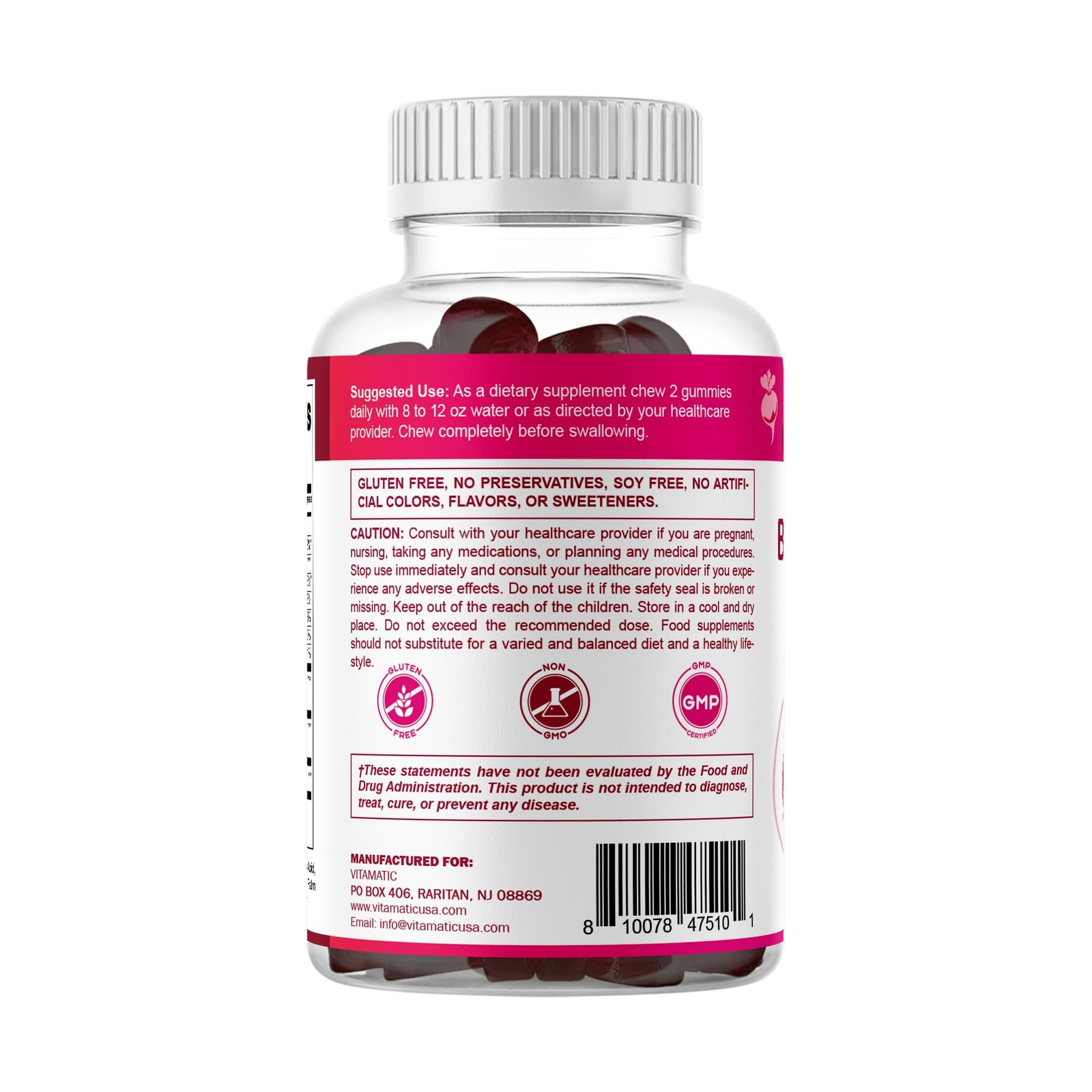 Vitamatic Beet Root Gummies with B6, B12, 60 Count (Pack of 1), No Color