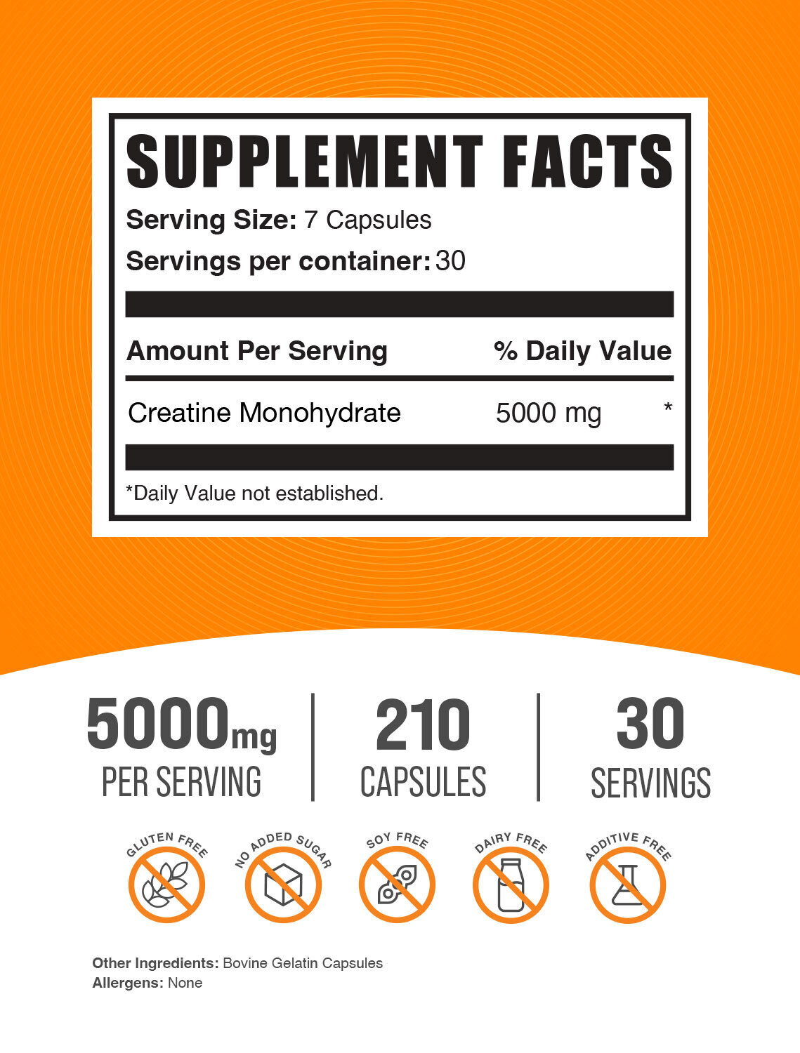 BulkSupplements Creatine Monohydrate 210 Capsules – 5000 mg Per Serving
