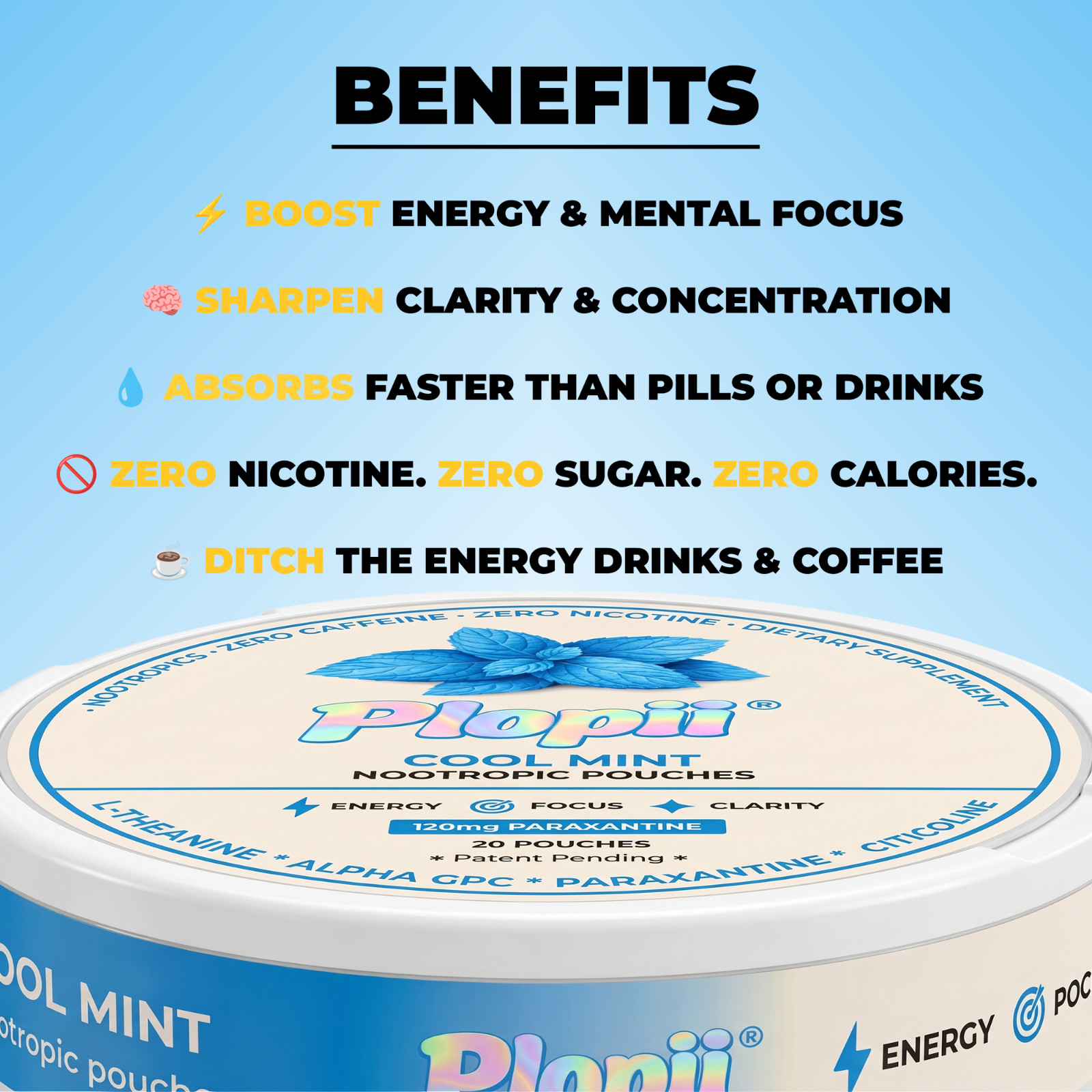 Plopii Focus Nootropic Pouches, 120mg Paraxanthine, Nicotine-Free, (5-Pack)