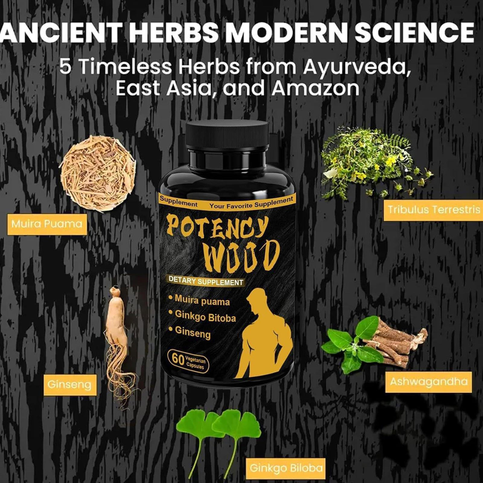 Herbal Supplements 60 Capsules, Potency Wood Ginseng Ashwagandha Gingko Tribulus
