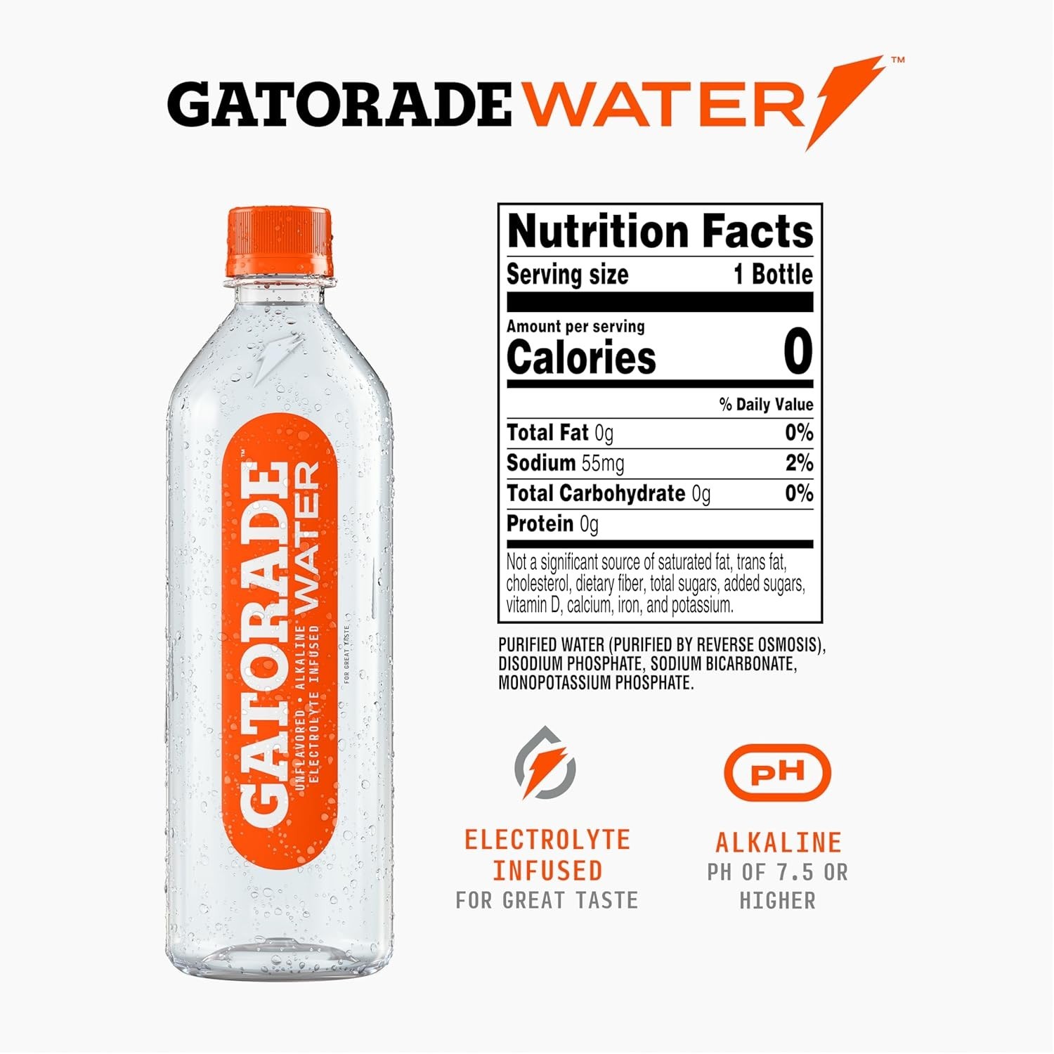 Gatorade Water, Unflavored, Electrolyte infused for 20 Fl Oz (Pack of 12)