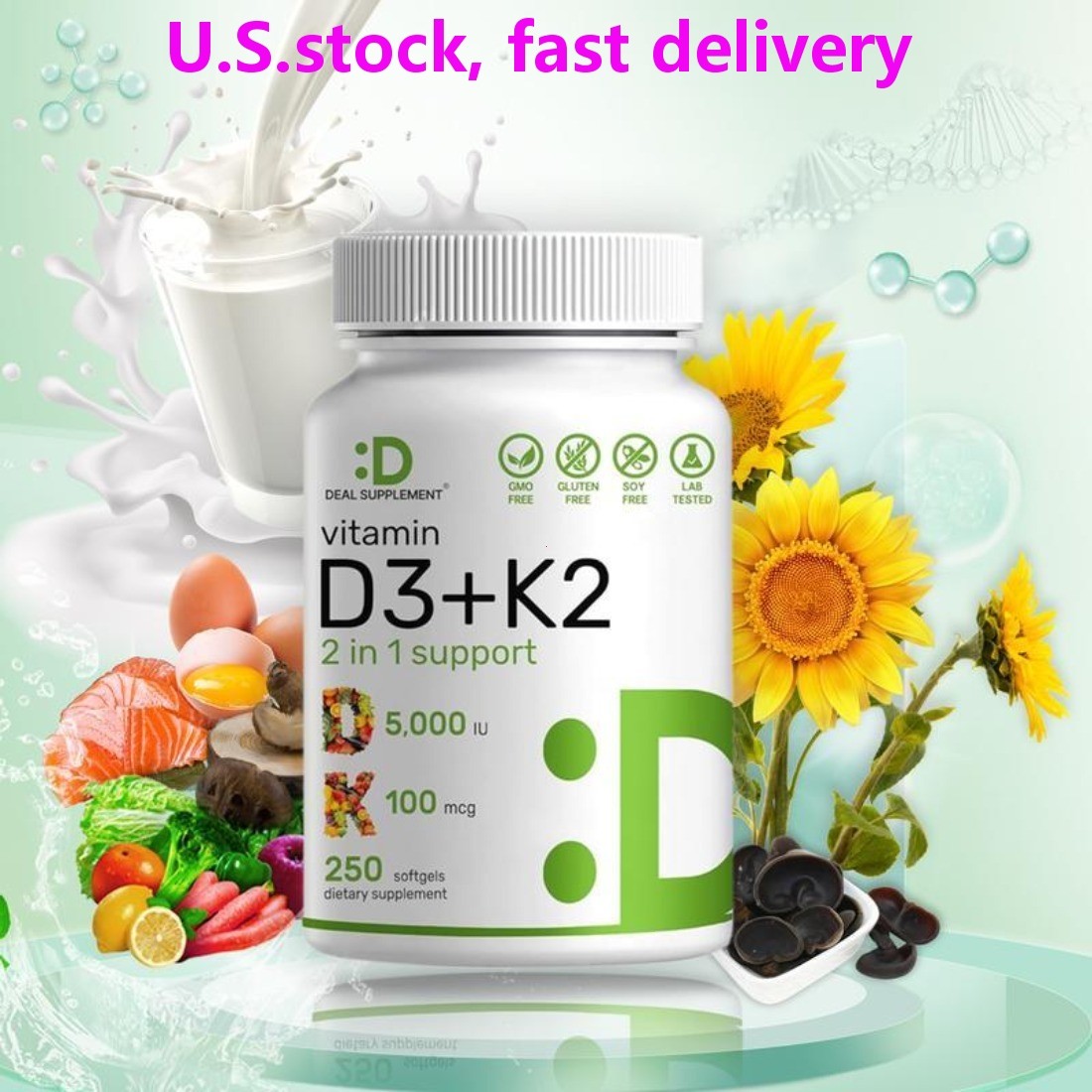 Deal Supplement Vitamin D3 K2 MK7 Softgels 5000IU 100mcgBone Immune