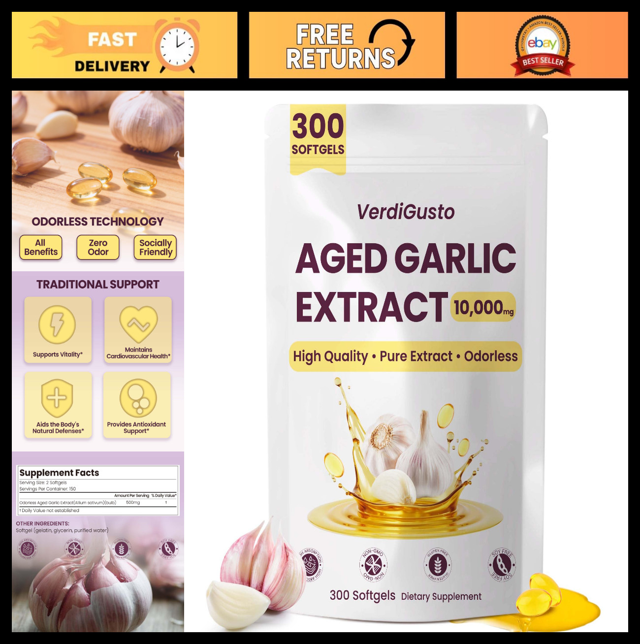 Aged Garlic Extract Softgels 10000mg | 300 Count | High-Potency Antioxidant & Co