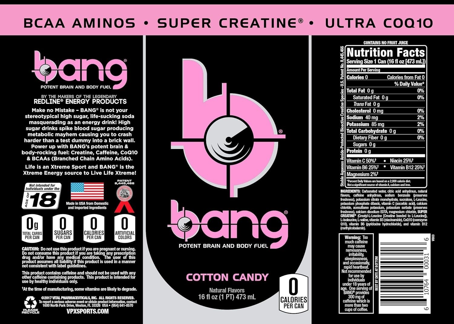 Bang Energy Cotton Candy, Sugar-Free Drink, 16 Ounce (Pack of 12) *