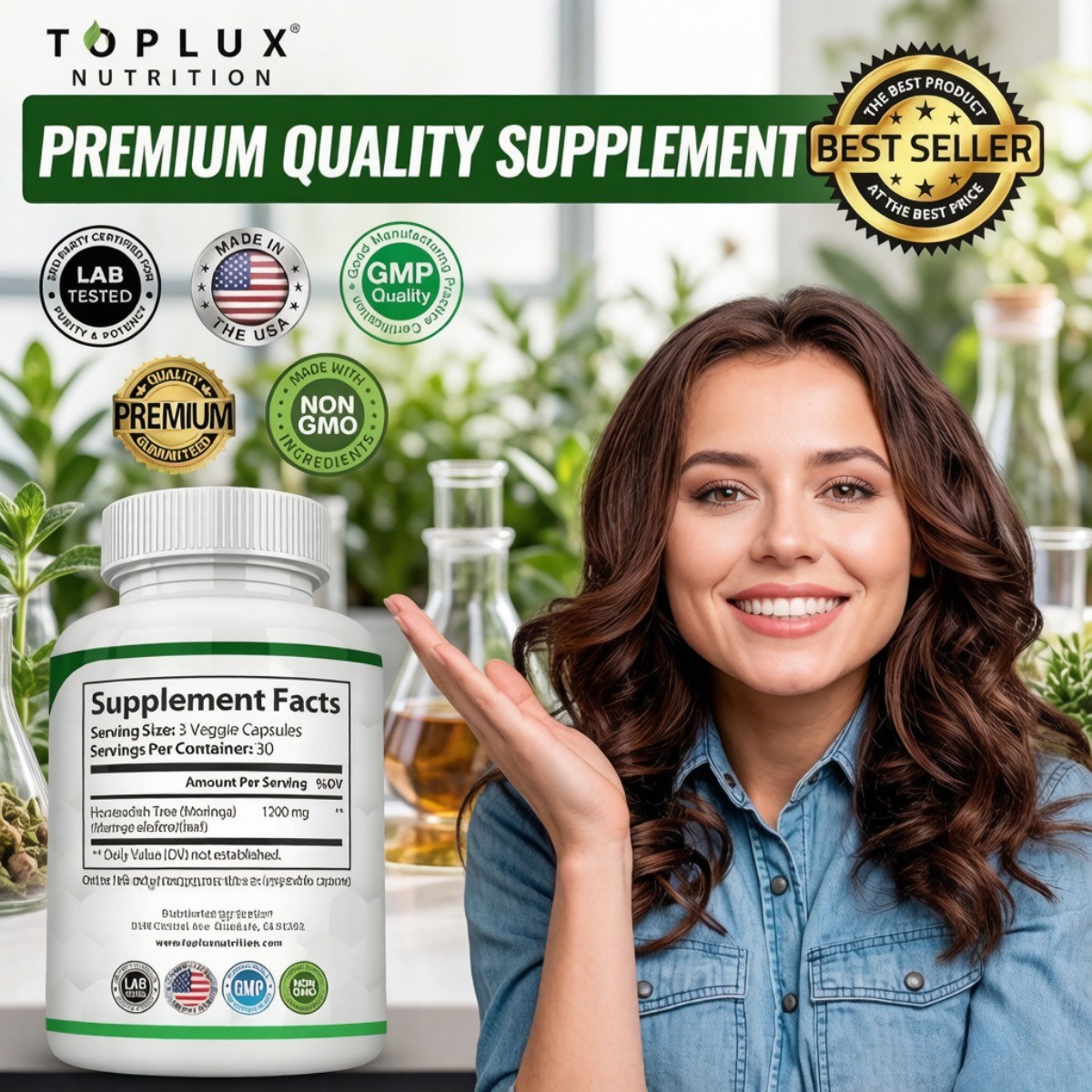Toplux Nutrition Moringa 1200mg – 90 Capsules, Ultra High Purity