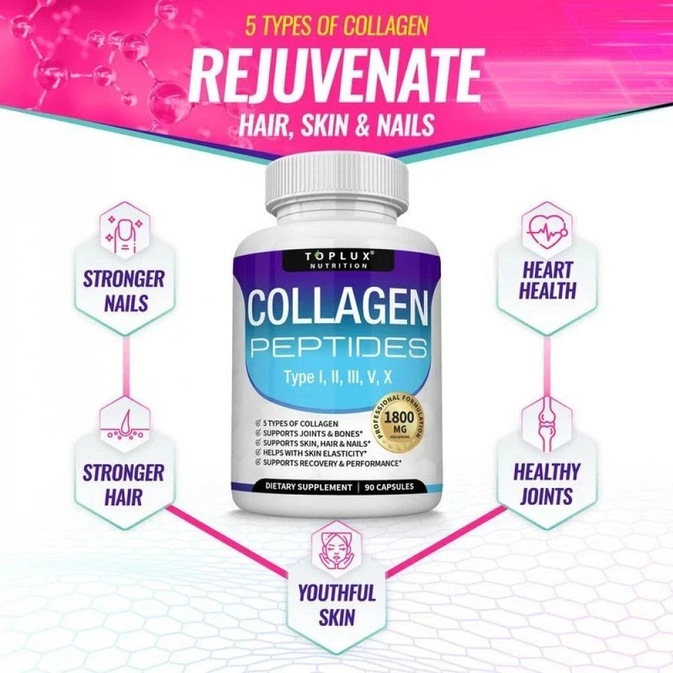 5-Type Collagen Peptides 1800mg Designed for Skin & Joint Health,Toplux Nutritio