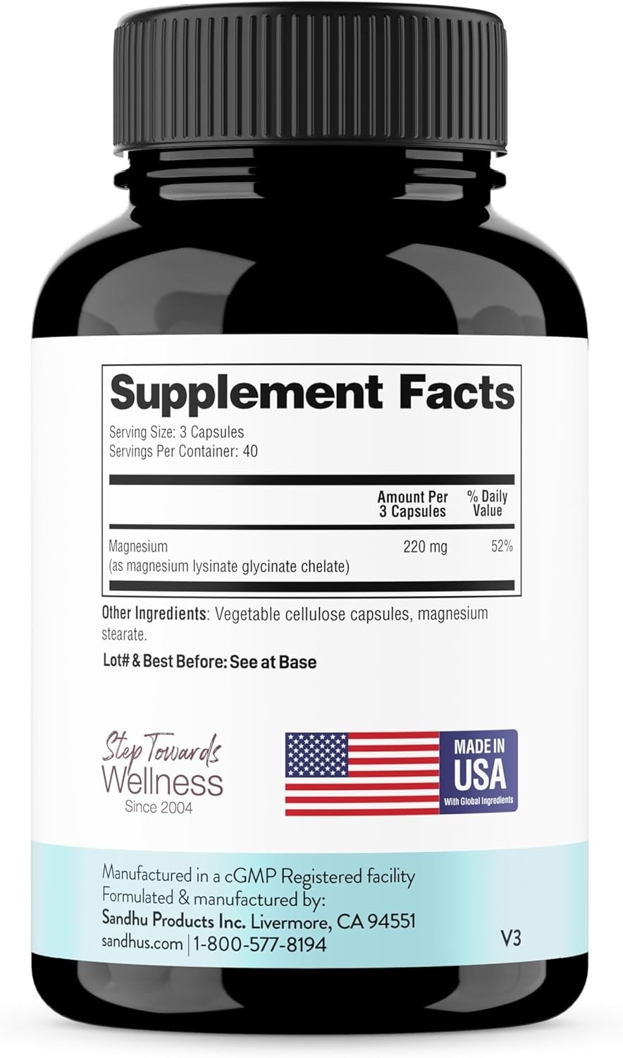 Sandhus Magnesium Glycinate Lysinate | 120 Easy to Swallow Chelated Vegan Cap…