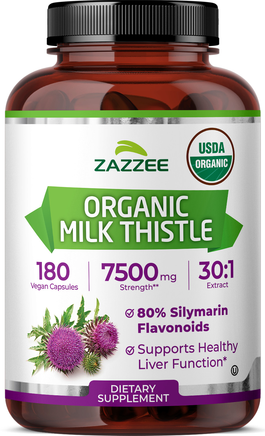 USDA Organic Milk Thistle 30:1 Extract, 7500 mg Strength, 180 Vegan Capsules