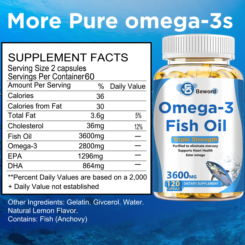 3600mg Omega 3 Fish Oil Capsules 3x Strength EPA & DHA, Highest Potency 120Pills