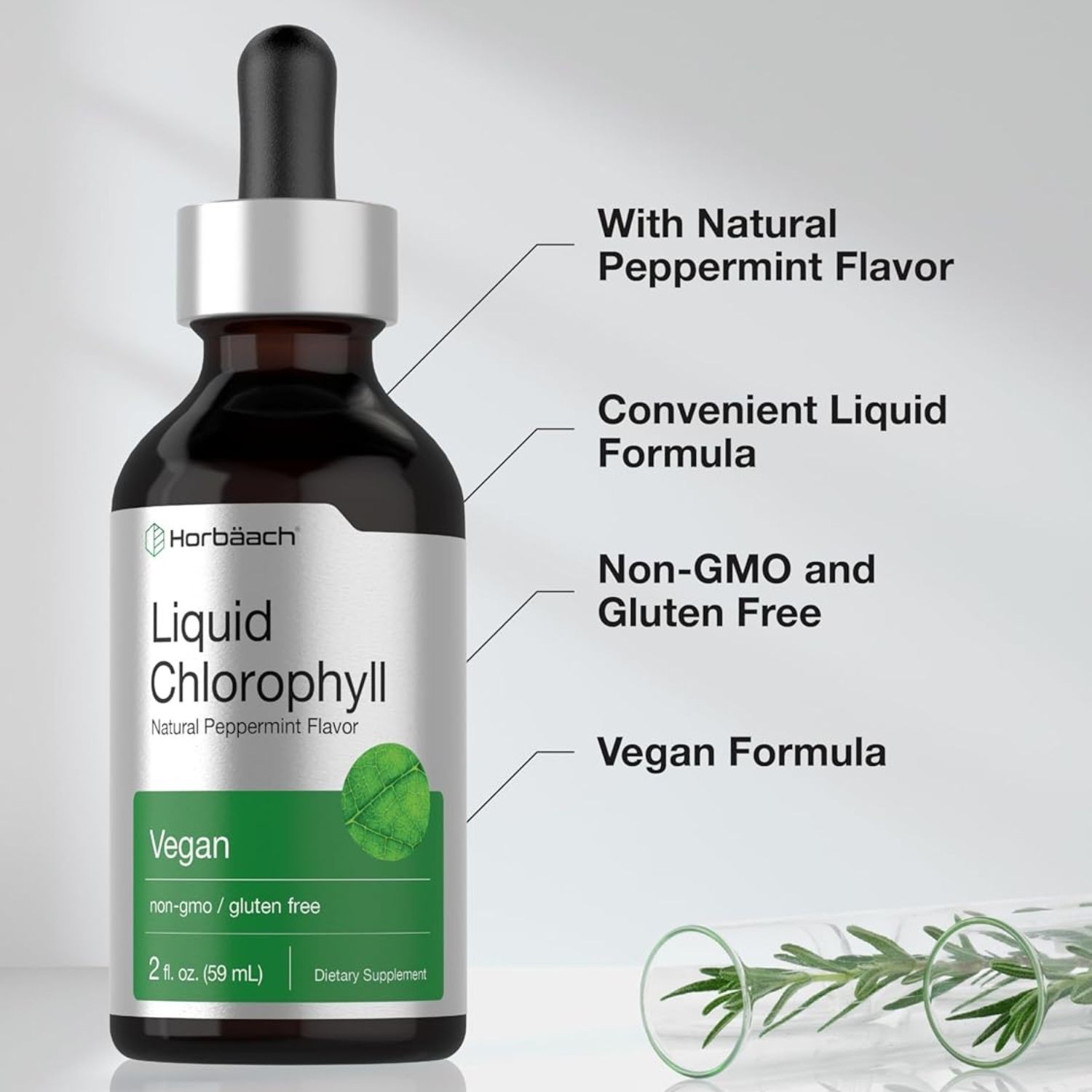 Gotas Líquidas de Clorofila 2 fl oz | Sabor Natural a Menta | Vegano, Sin OGM