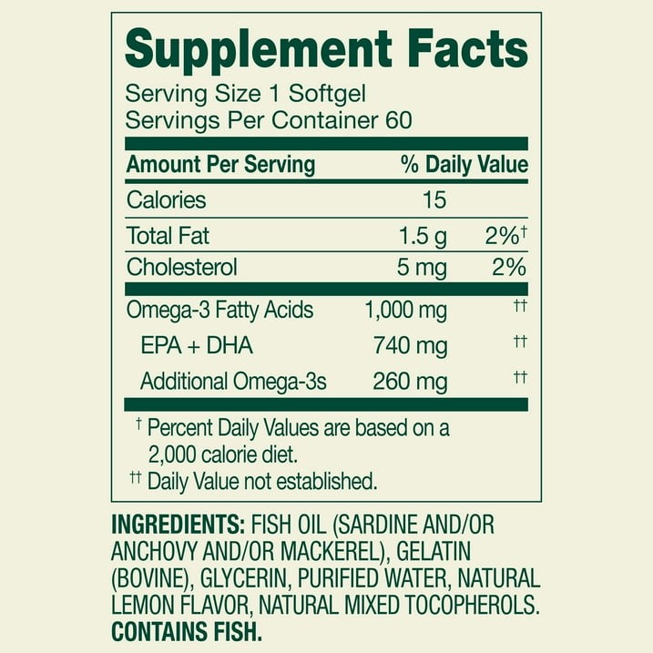 Spring Valley Omega-3 Fish Oil 1000mg Softgels Heart Brain Health 60 Count