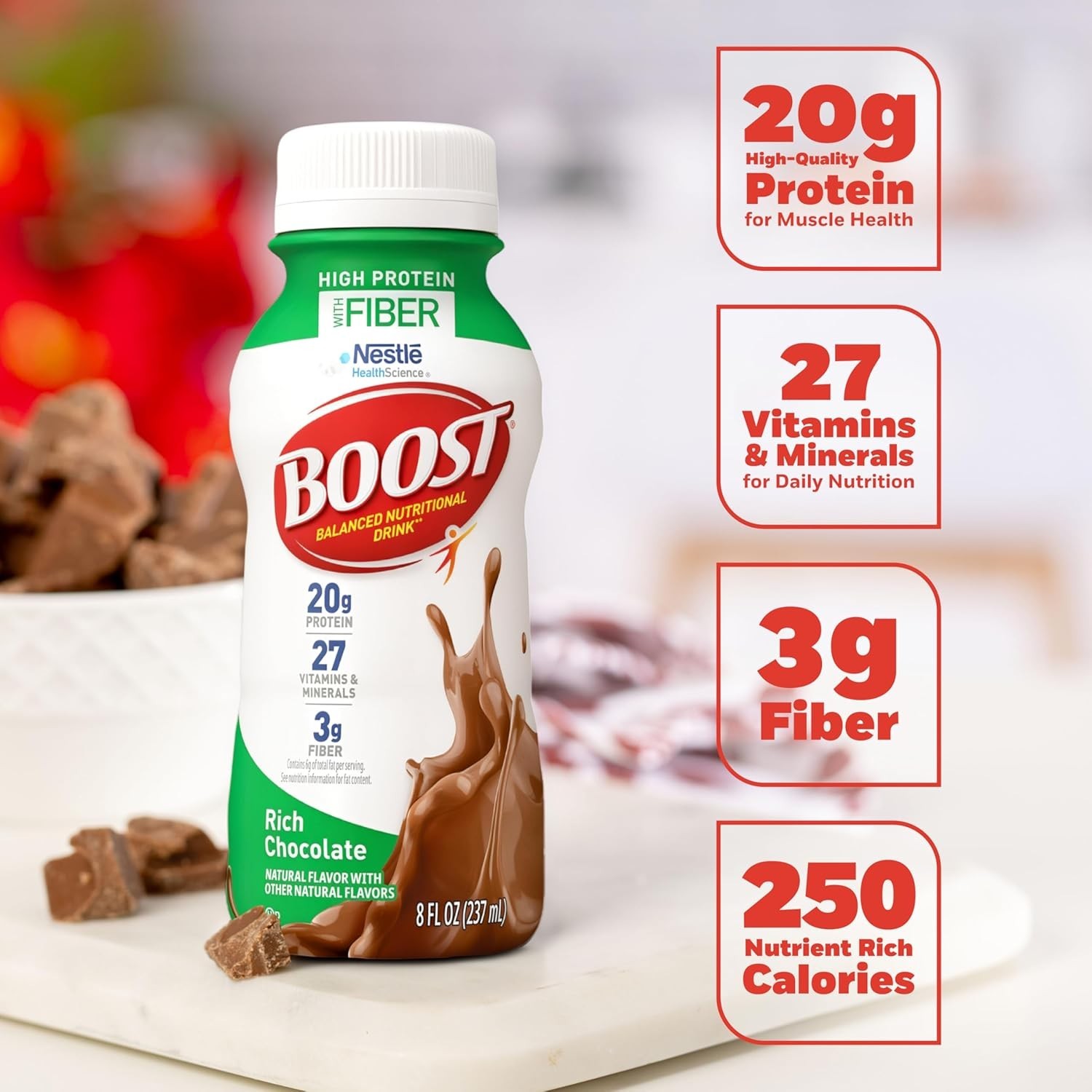 BOOST 20g High Protein Nutritional Drink Shakes, Rich Chocolate, 8 fl oz,24 Pack