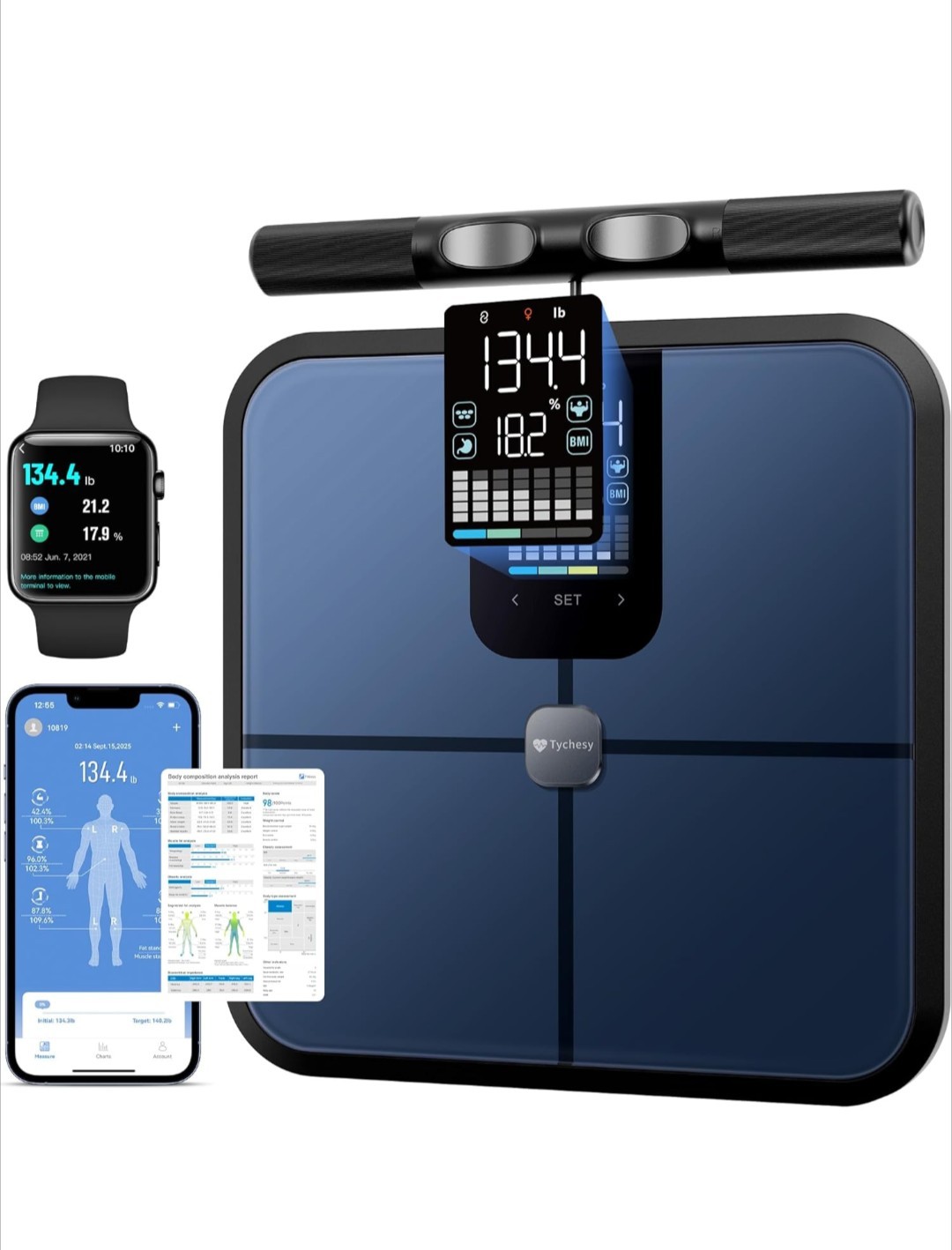 Tychesy Body Health Pod Scale, View 5 Metrics Without Phone, 8-Electrode…