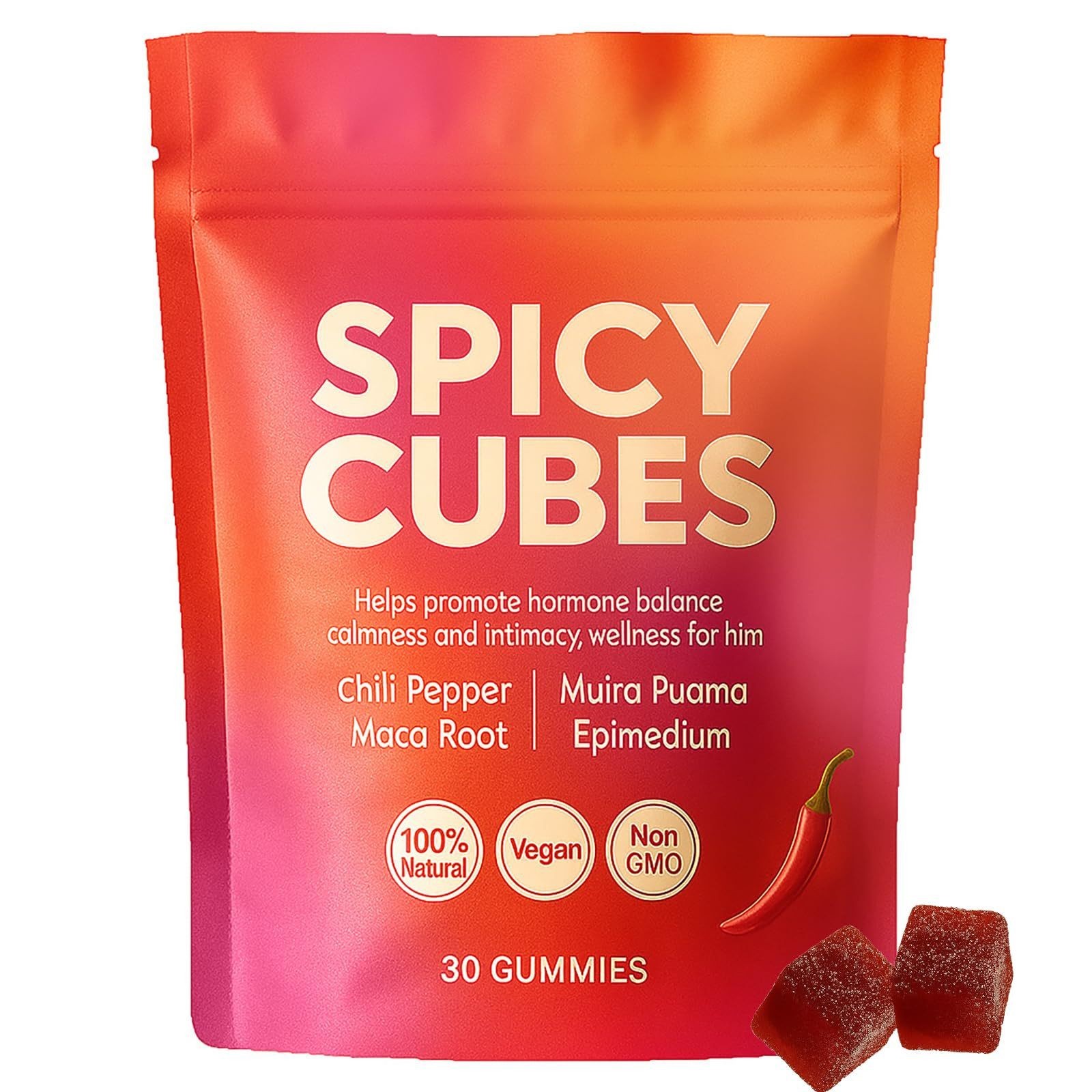 Spicy Cubes Hot Peach Gummies with Chili, Maca Root Vegan 30 Count