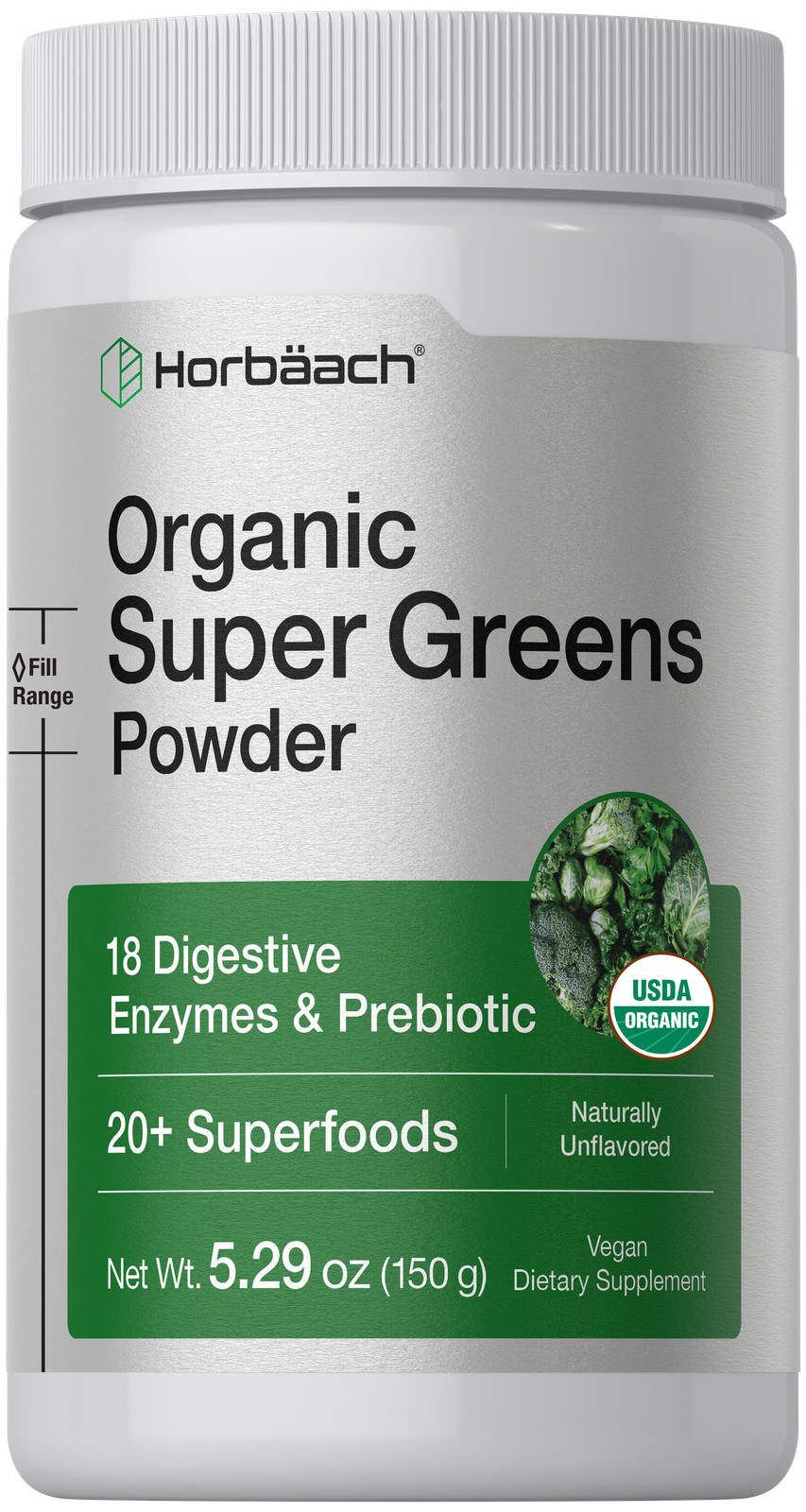 Organic Greens Supplement | 5.29 oz Powder | 18 Digestive Enzymes | by Horbäach