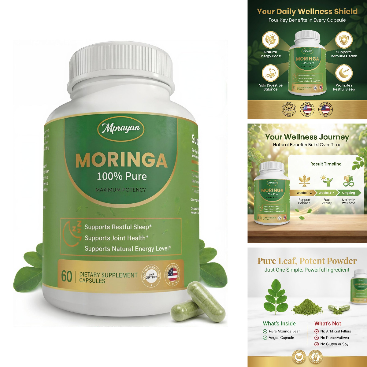Mprayan Moringa Capsules 800Mg Moringa Oleifera Leaf Powder Superfood Herbal