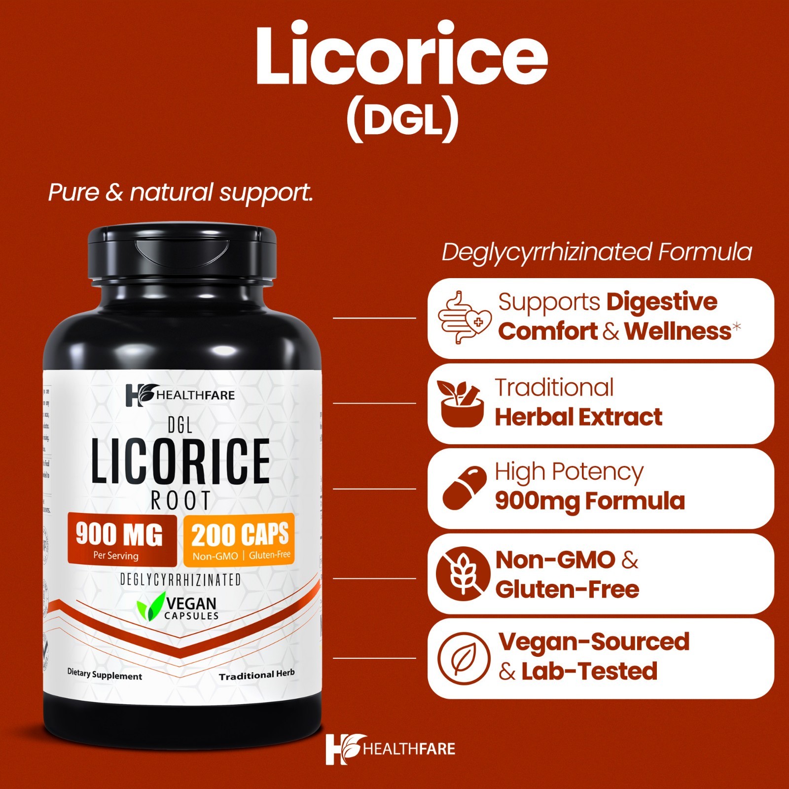 Licorice Root Capsules 900 mg 200 Count DGL Supplement Extract Ultra High Purity