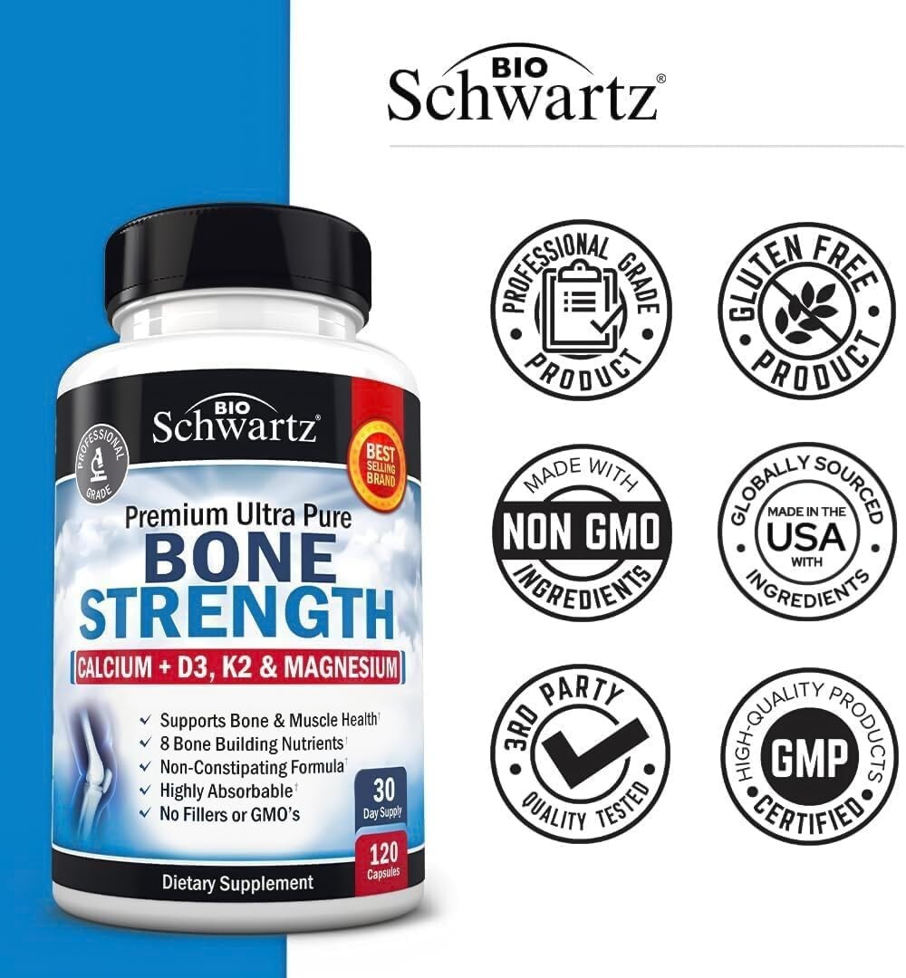 Bone Strength Calcium Supplement w/ Calcium, Vitamin D3, K2, C, Magnesium 120ct