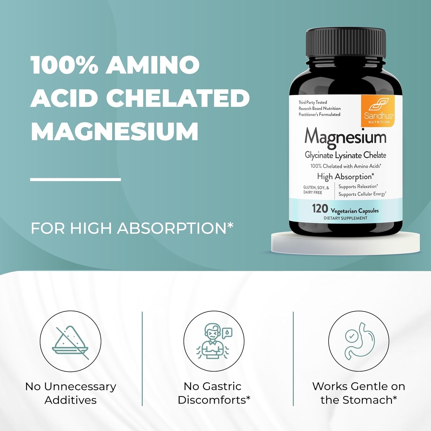 Sandhus Magnesium Glycinate Lysinate | 120 Easy to Swallow Chelated Vegan Cap…
