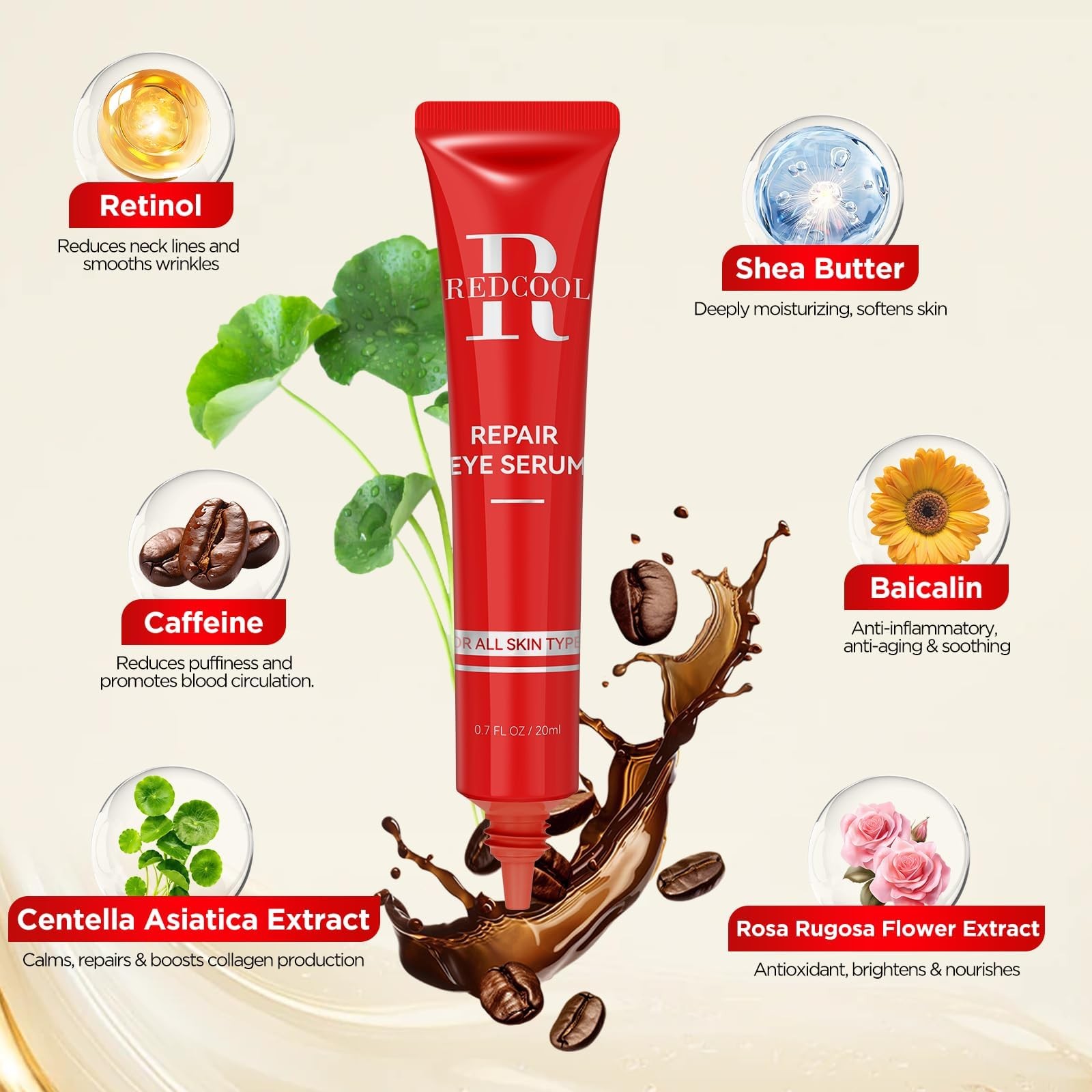 Redcool Caffeine Eye Serum for Dark Circles 0.7 Fl Oz (Pack of 1), Bright Red