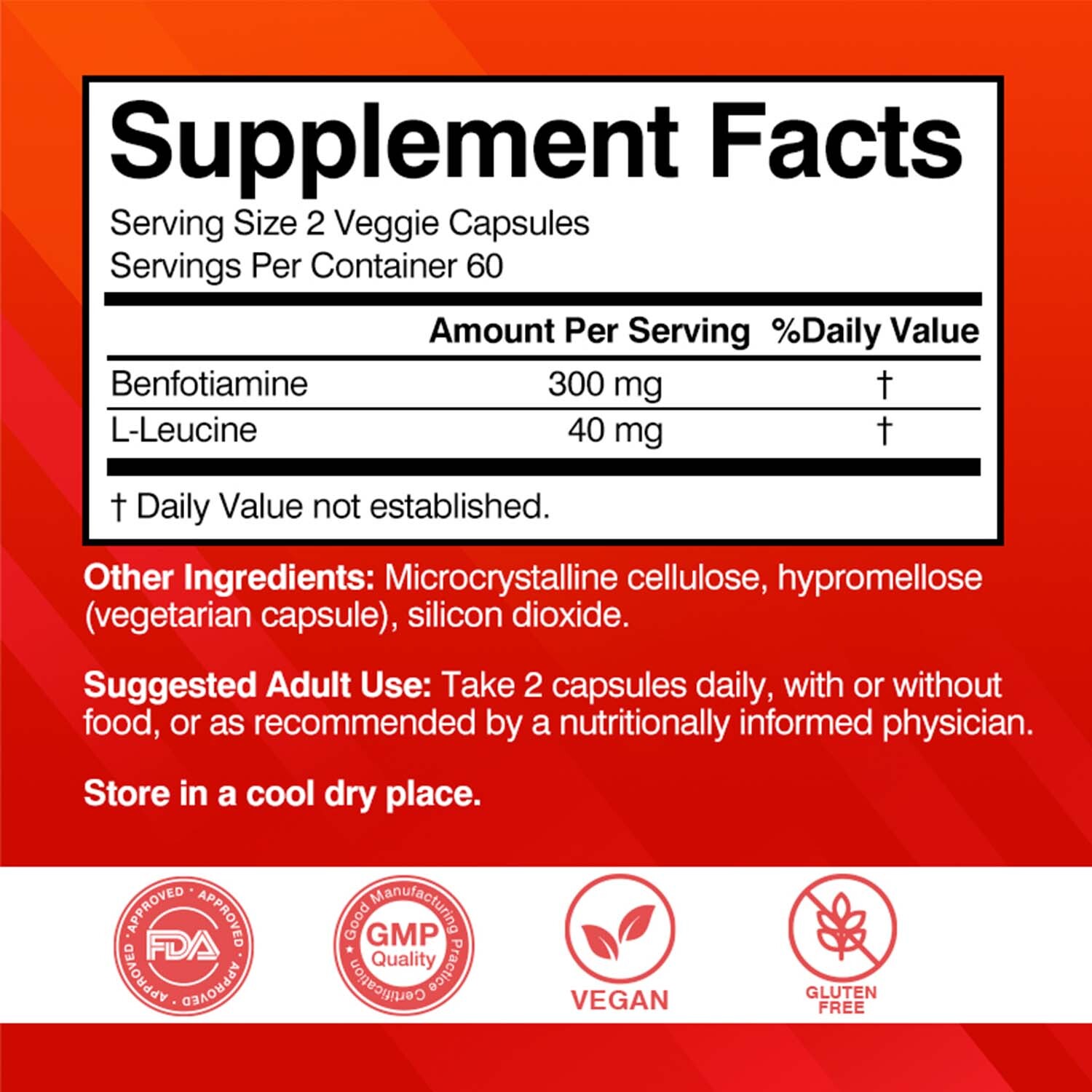 Benfotiamine Caps 300mg – Supports Blood Sugar, Non-GMO,Gluten-Free – L-lecucine