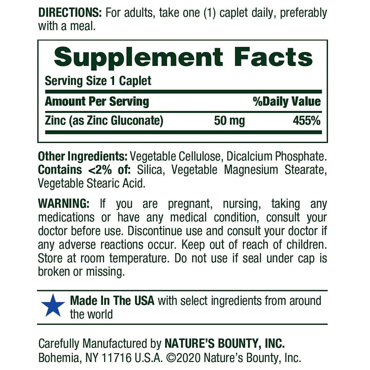 NATURES BOUNTY ZINC 50mg 400 ct Tablets Supports SYSTEM FUNCTION Immune Health