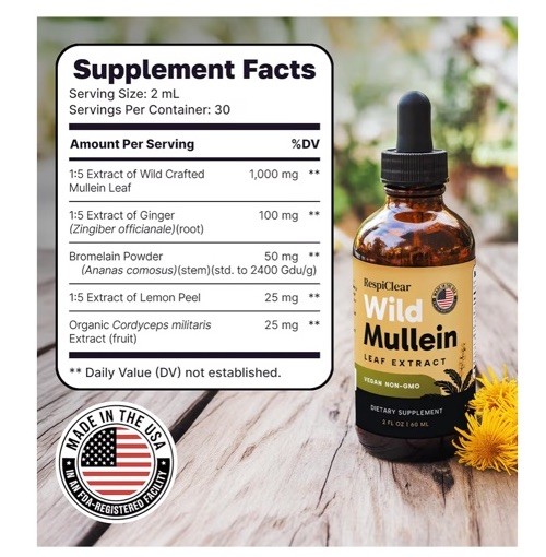 Wild RespiClear Mullein Leaf Extract Liquid Drops Vegan Non-GMO Lemon 2 fl oz