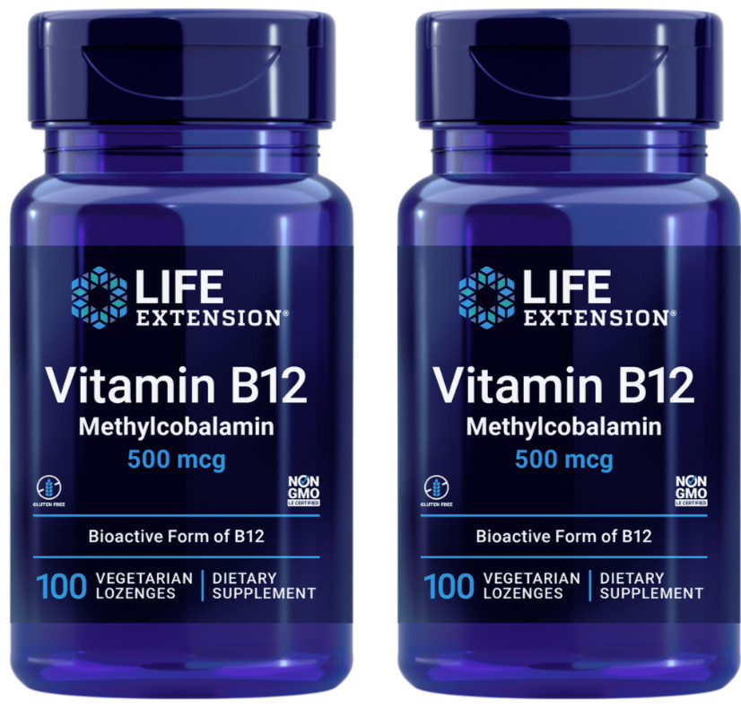 2PACK Life Extension Vitamin B12 Methylcobalamin 500 mcg 100 Vegetarian Lozenges