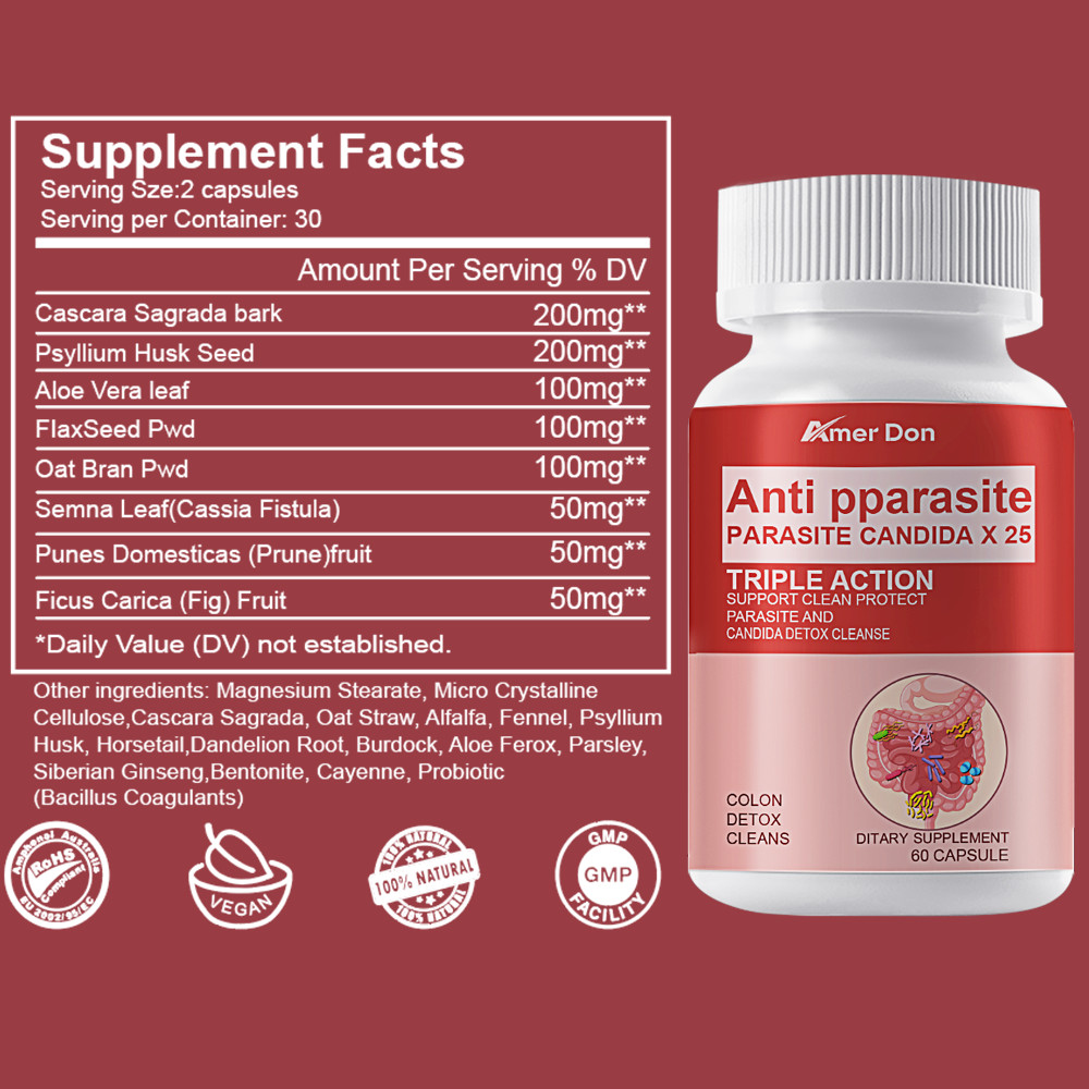 Candida Cleanse 60 Caps – parasite detox clean, Natural Herbs for Intestinal