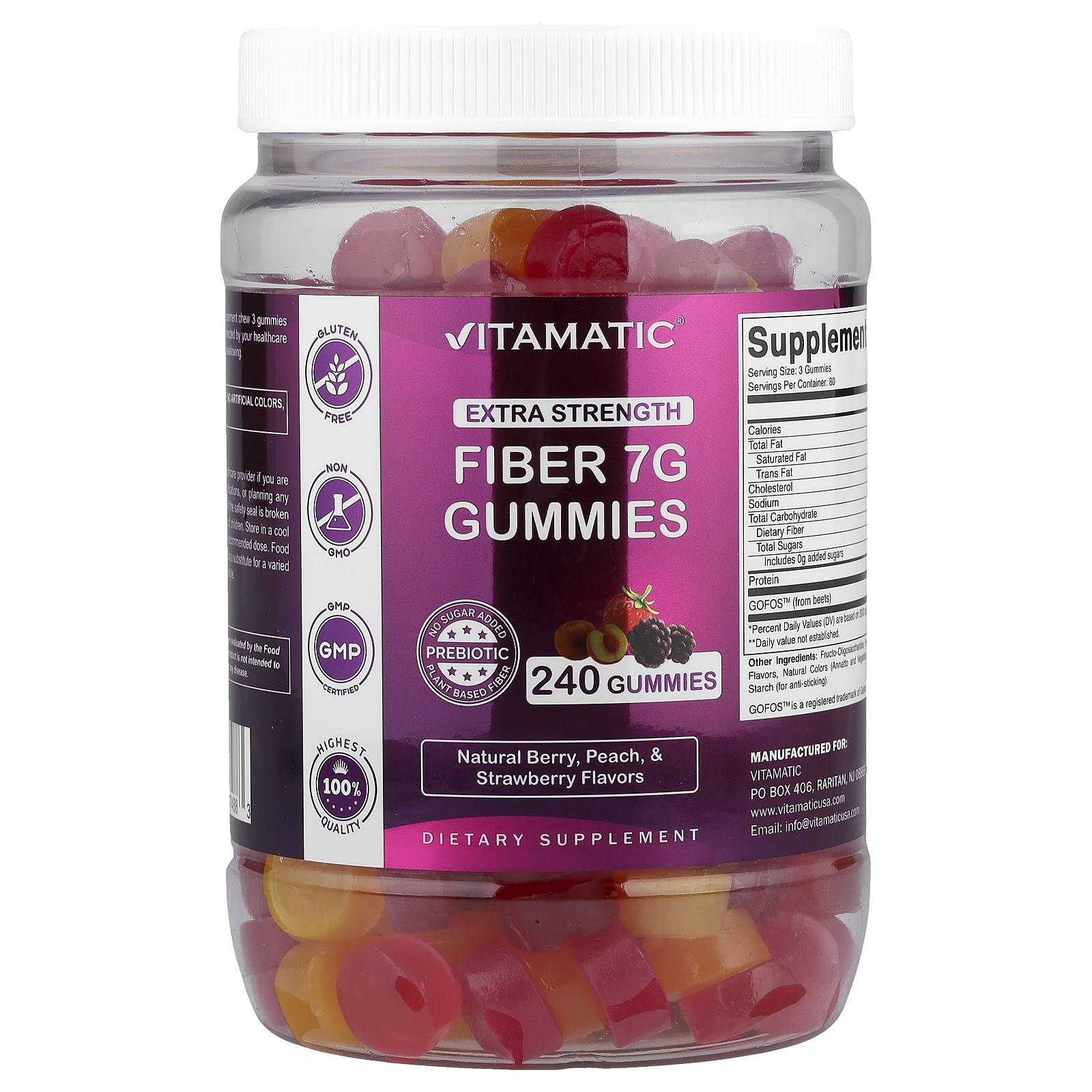 Fiber Gummies, Natural Berry, Peach & Strawberry, 240 Gummies