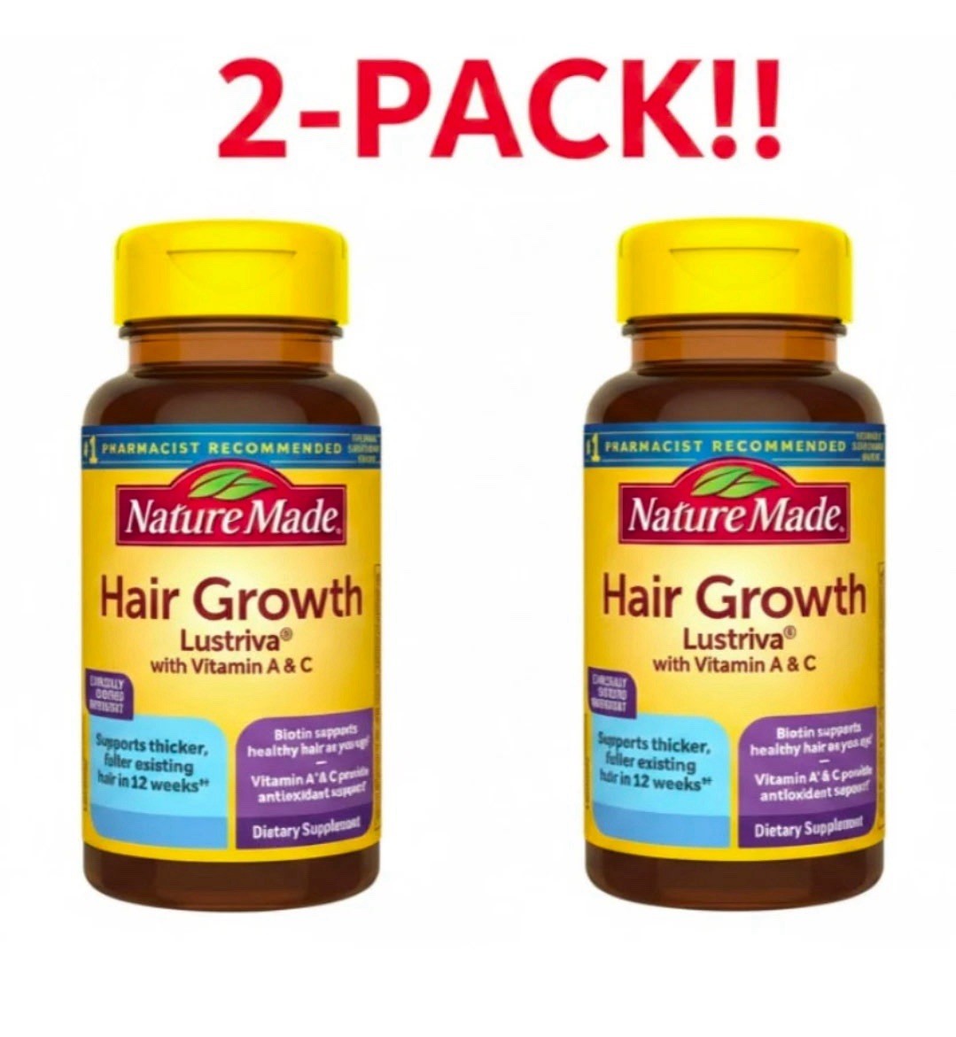 2 PACK (60 Count) Nature Made Hair Growth Softgels Lustriva EXP Mar 2028 -Nib