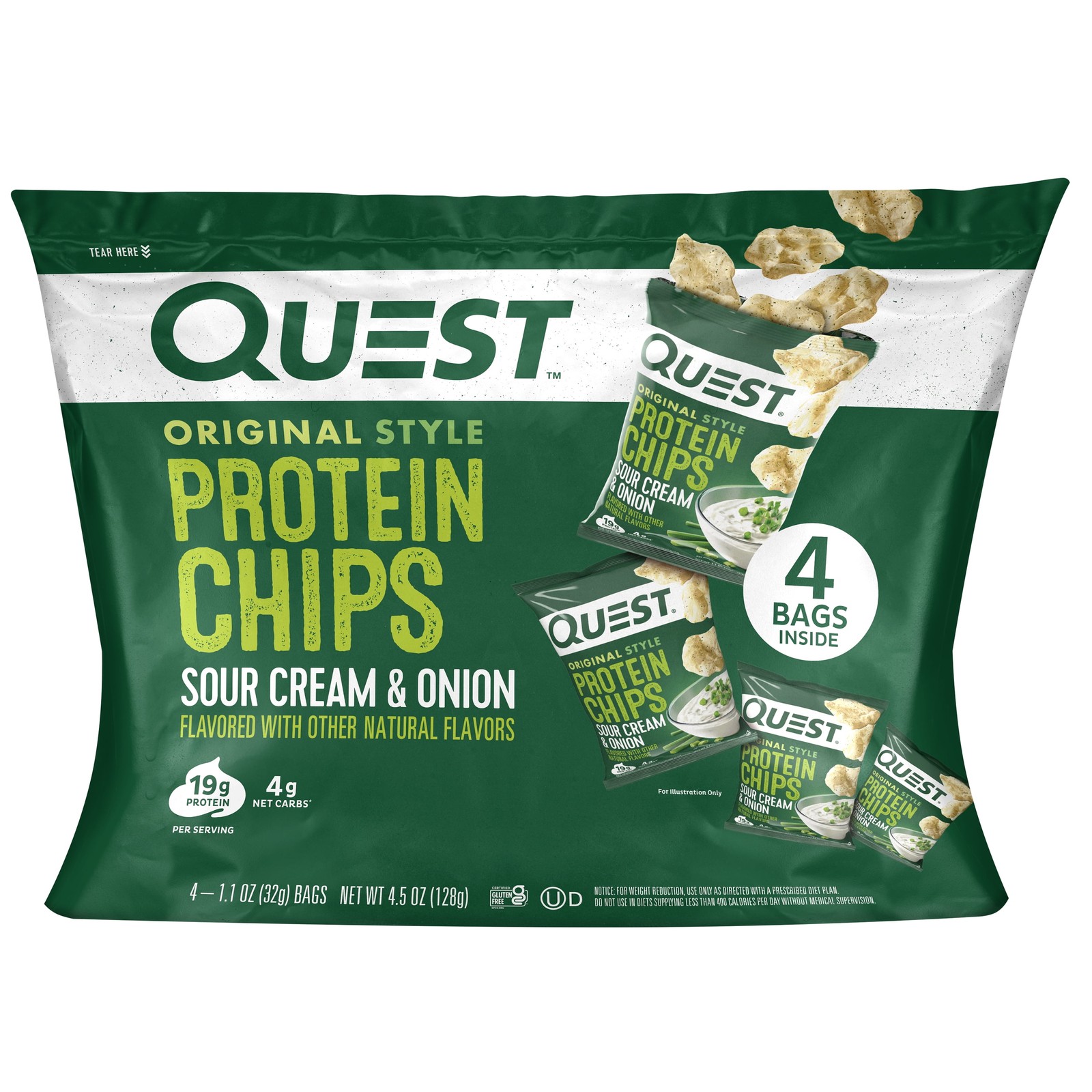 Style Protein Chips, Sour Cream & Onion Flavor, Gluten Free, 1.1 oz Bags,4 Count