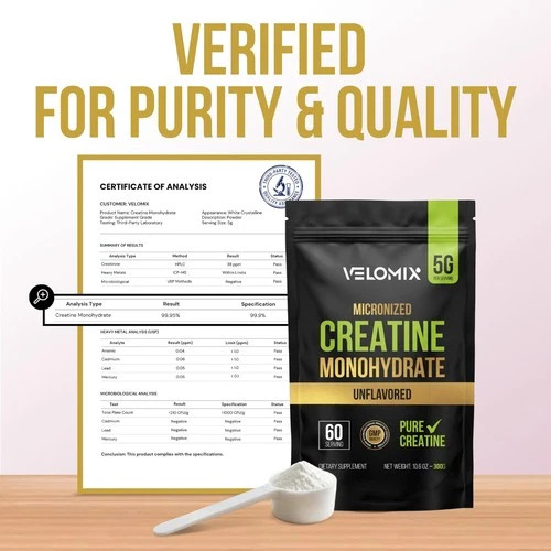 VELOMIX Micronized Creatine Monohydrate Powder – 100% Pure Creatine Powder Unfla