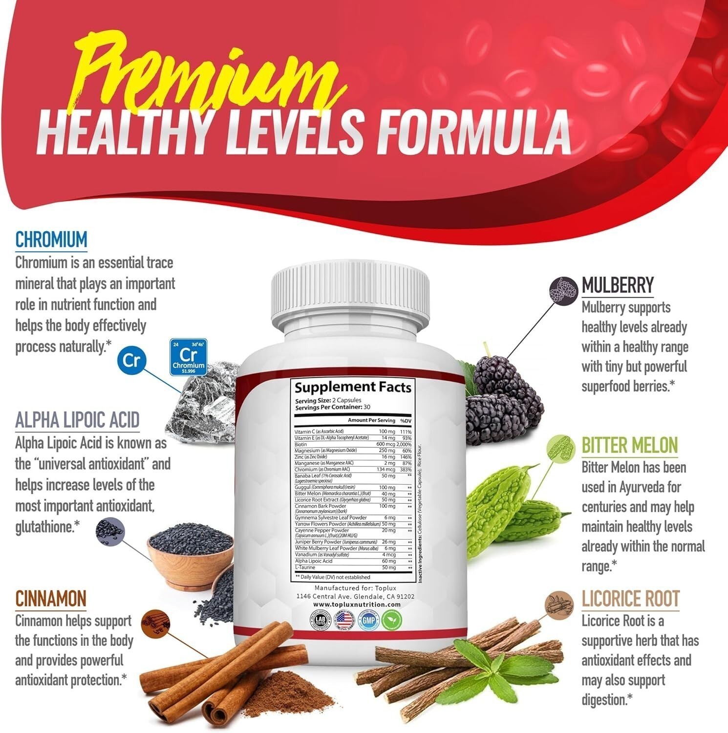 Toplux Premium Blood Sugar Complex Supplement Supports Healthy Blood Sugar Level