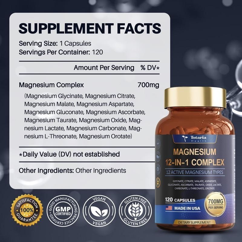 Totaria Health Magnesium 12-in-1 Complex – 700mg | 120 Capsules | Vegan, Non-GMO