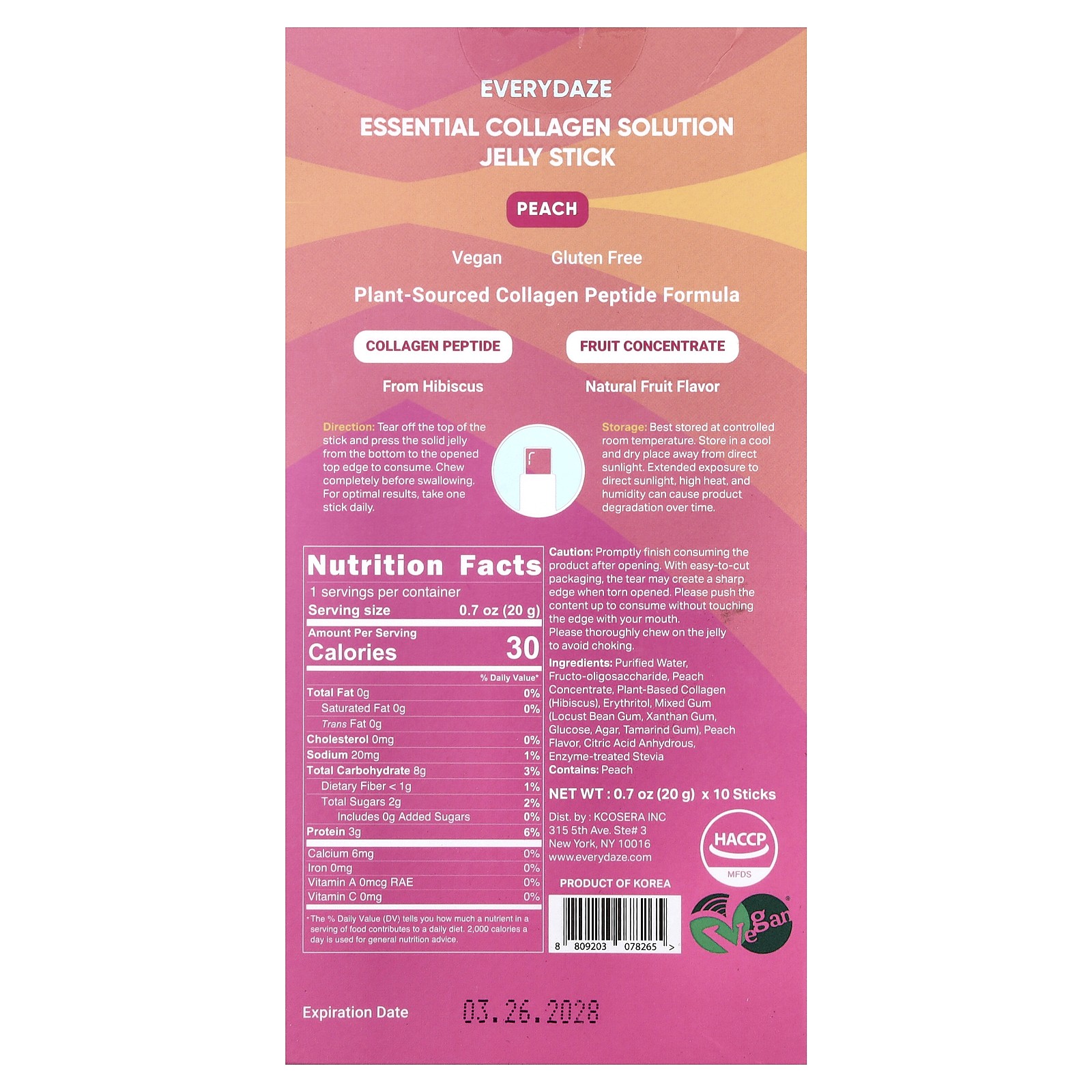 Essential Collagen Solution Jelly Stick, Peach, 3,000 mg, 10 Sticks, 0.7 oz (20