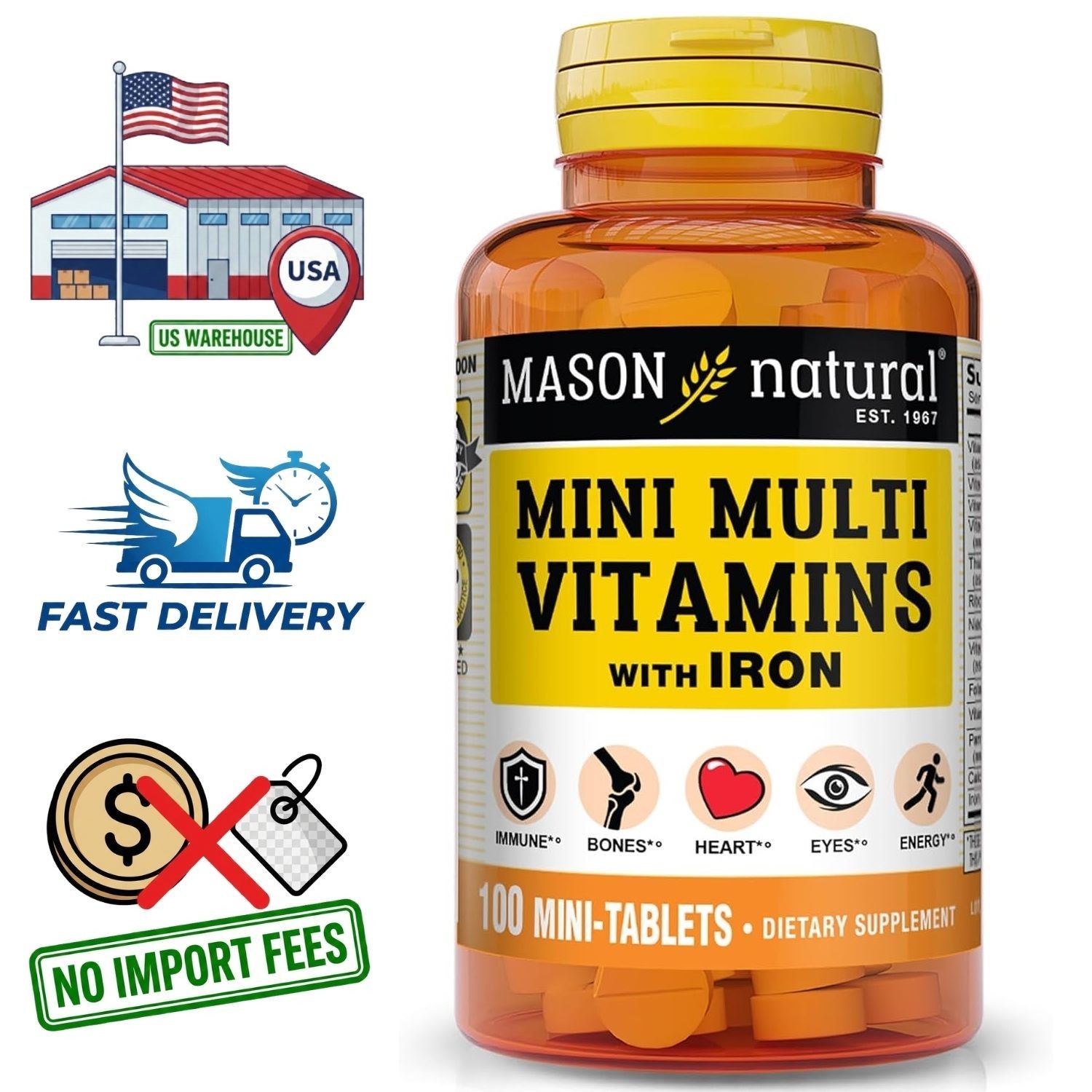 Multivitamínico para Adultos con Hierro – 100 Tabletas, Suministro para 100 Días