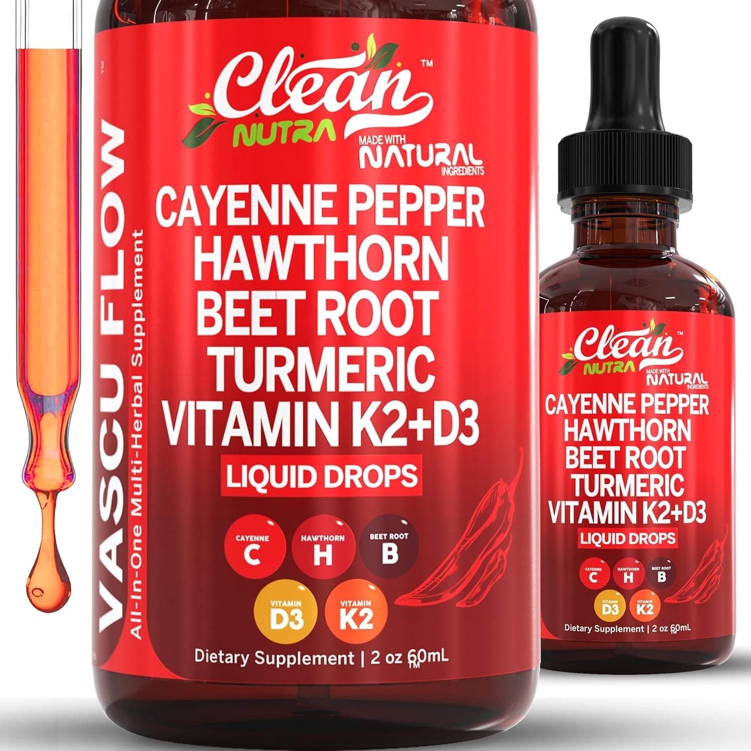 Cayenne Pepper Formula Liquid Drops + Hawthorn Berry Vitamin D3 K2，Turmeric