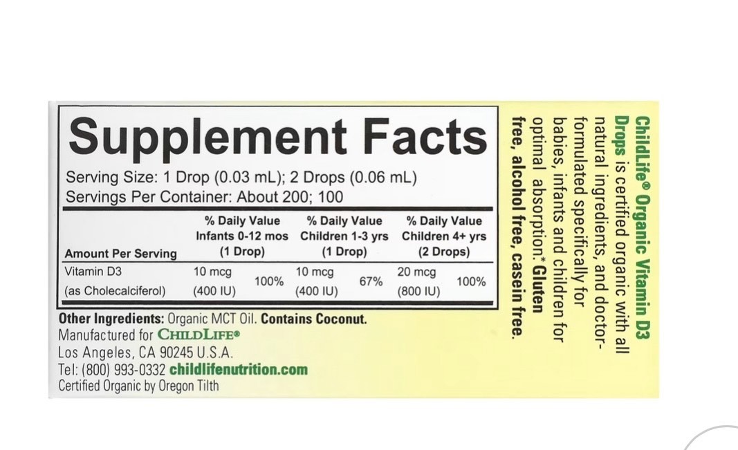CHILD LIFE Organic D3 Drops for Babies & Infants, 0.21 fl oz (6.25 mL)