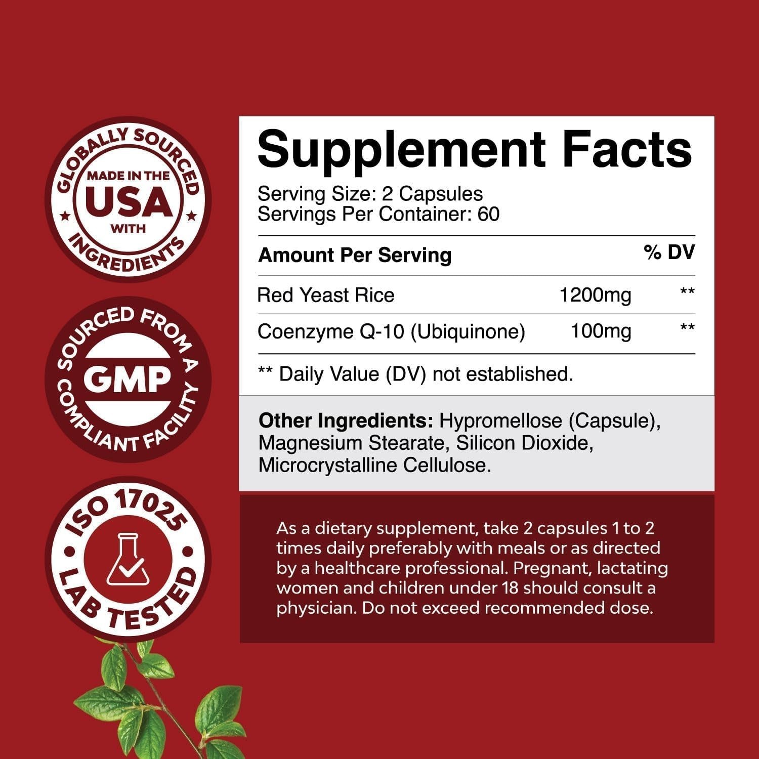 Arroz Levadura Roja 1200 mg Con CoQ10 Para Colesterol Saludable Corazón 120 Ct