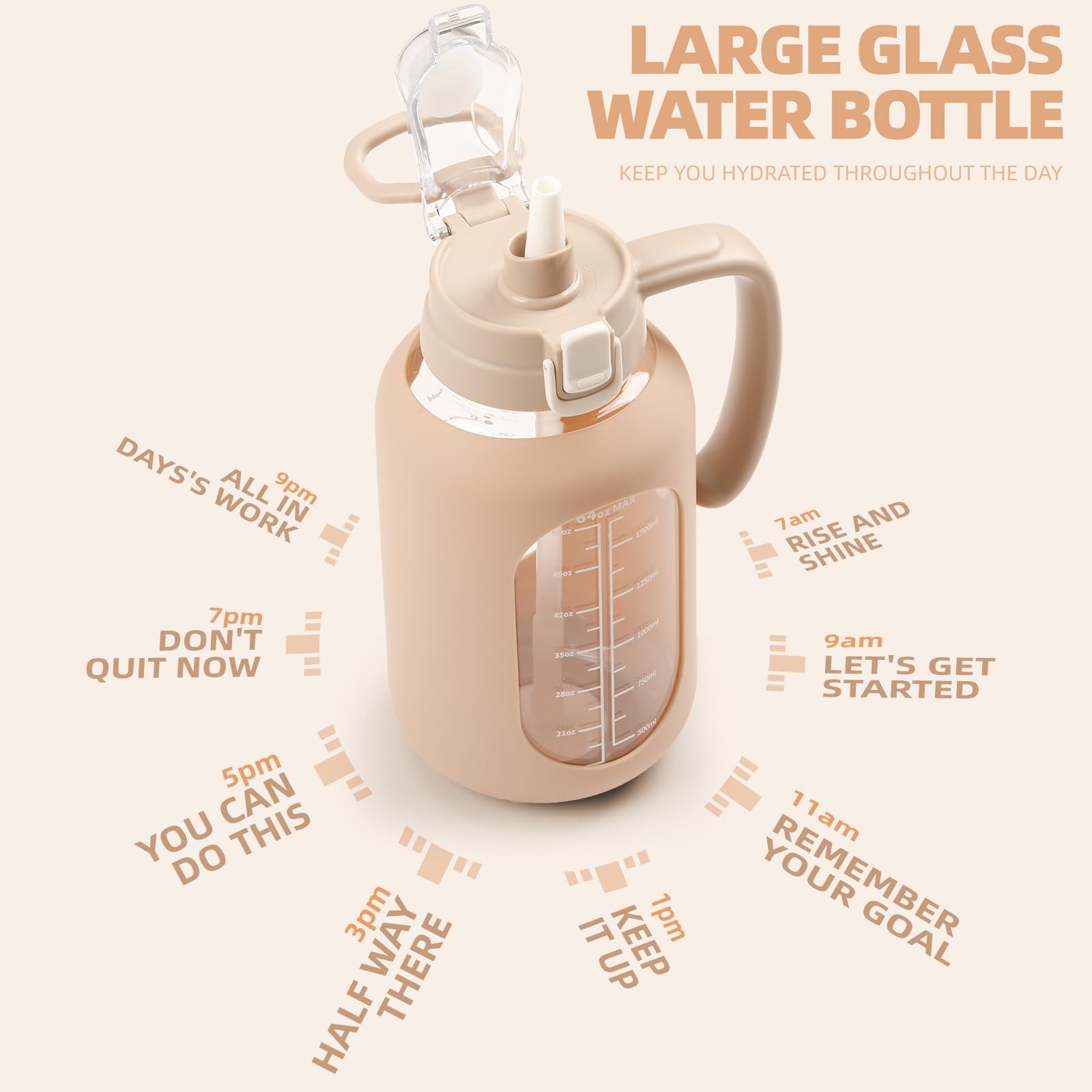 Olivego 64 oz Glass Water Bolttles Half Gallon Large 64 Ounces, Amber