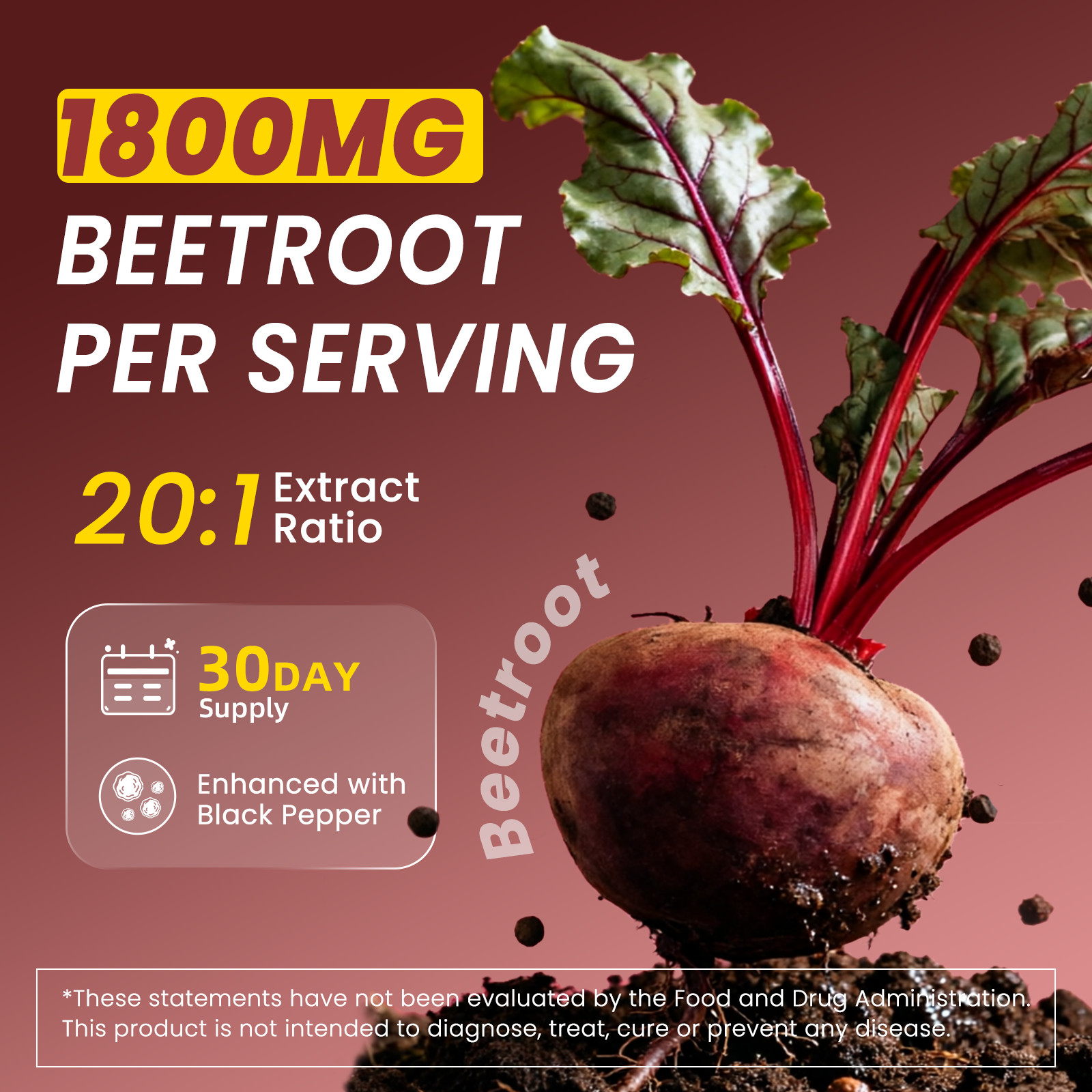 Beet Root 1800 mg Strength 20:1 Extract, 60 Capsules for Blood Flow & Hear