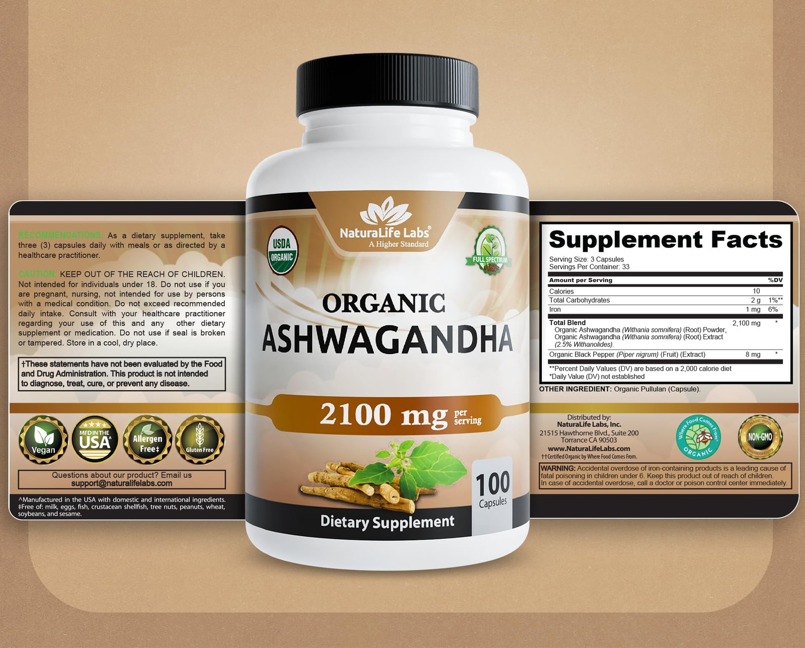 NaturaLife Labs Organic Ashwagandha 2100 mg per Serving – Full Spectrum Root …