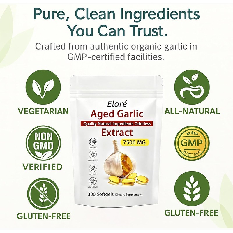 3PCS Elare Aged Garlic Extract, 300 Softgels, 7500mg Odorless| Heart & Immune US