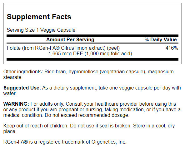 Swanson Real Food Folic Acid Vegetable Capsules, 1,000 Mcg, 100 Count