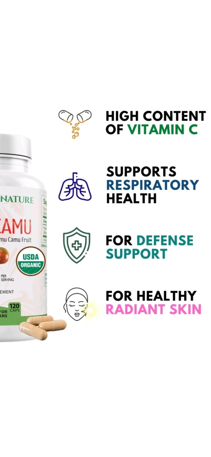 USDA Organic Camu Capsules Natural Vitamin C, 120-Count