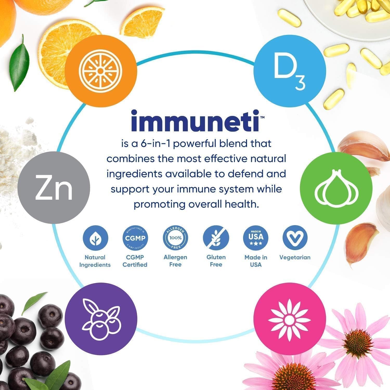 Immuneti Immunity Support Vitamin C D3 Zinc Elderberry 1 Bottle