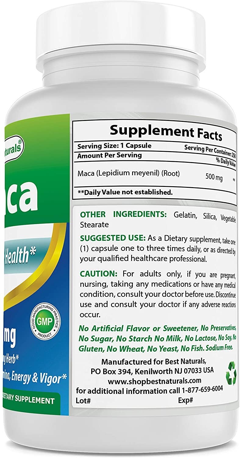 2 Pack Best Naturals Maca 500 mg 250 Capsules